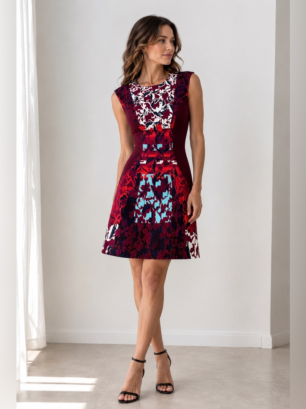 Peter Pilotto Abstract Floral Print Sleeveless Fit & Flare Dress Burgundy Navy